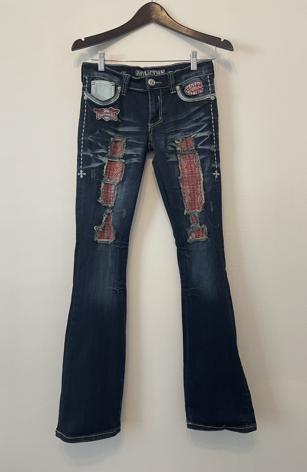 Affliction Jade Embellished Handkerchief Patchwork Jeans Size 27 Mcbling Low Cut