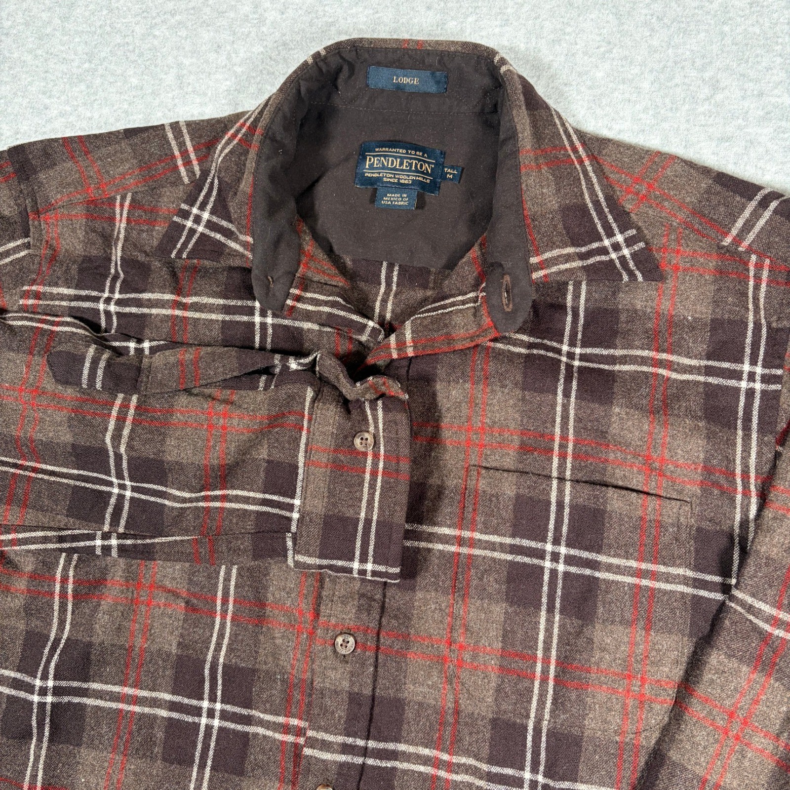 Pendleton Lodge Button Up Shirt Mens Medium Tall Brown Plaid Wool Flannel