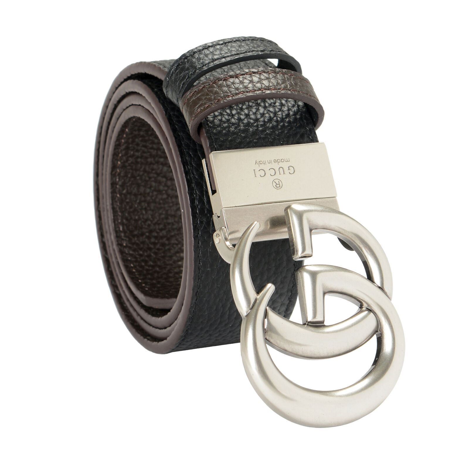 Gucci 100% Leather Metal Silver Double G Buckle Reversible Belt US 30 IT 75