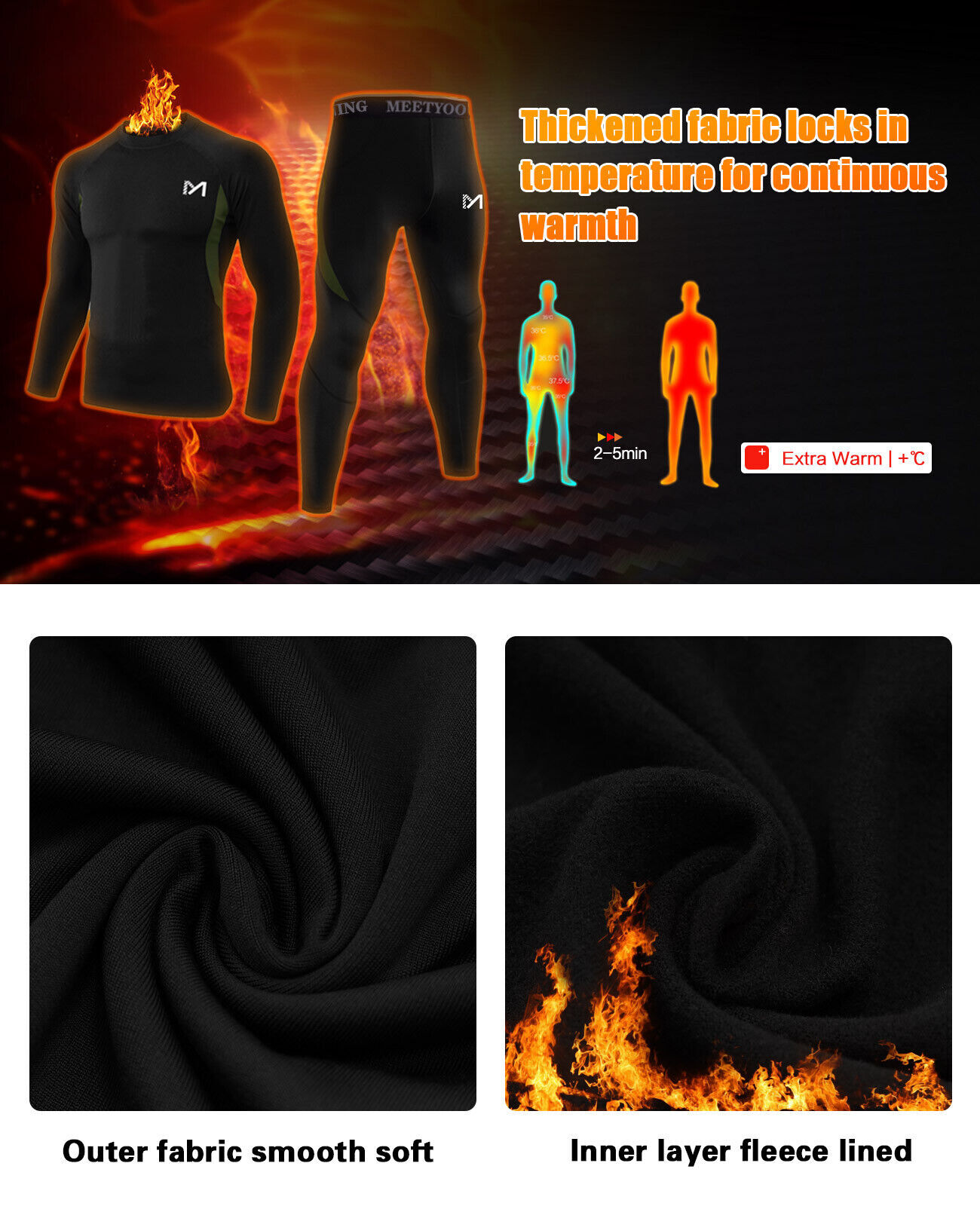 Mens Sport Thermal Underwear Set Long Sleeve Thermals T Shirt + Long Johns