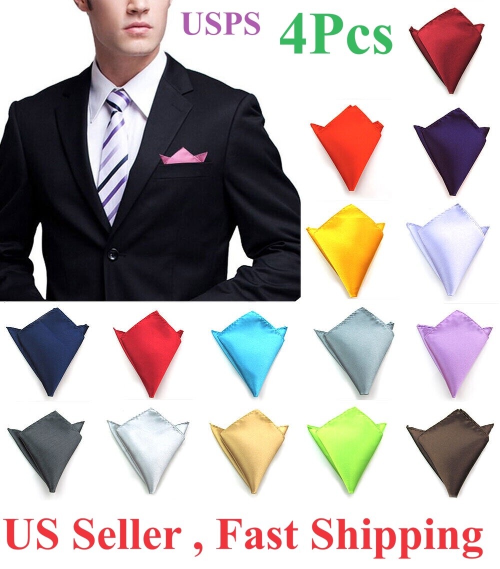 4Pcs Plain Pocket Square Wedding Mens Satin Solid Handkerchief Hanky Jacket Suit