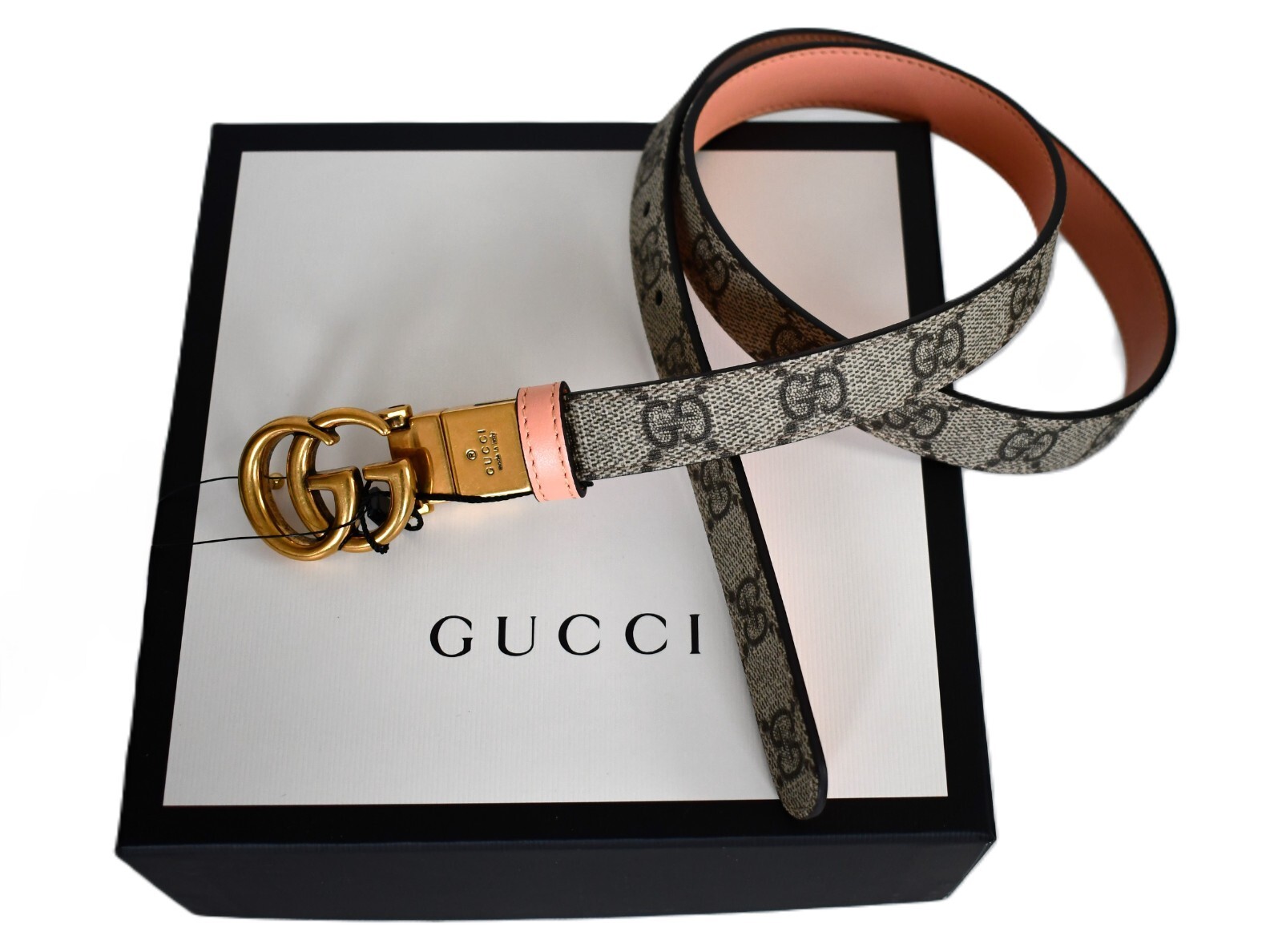 🆕️Auth GUCCI Beige Ebony Peach GG MARMONT REVERSIBLE Women’s Belt IT-80 US-32