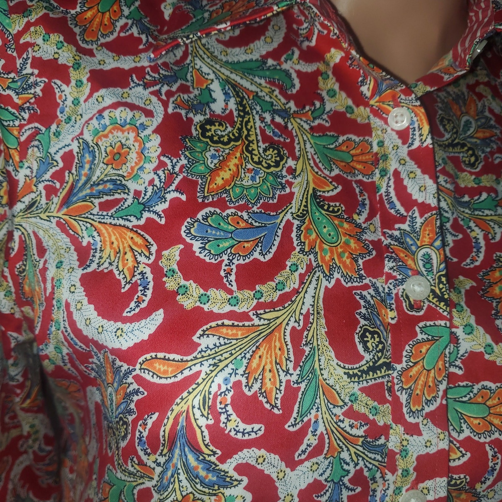 Chaps Petite M No Iron 100% Cotton Red Paisley Button Shirt Flip Stripe Cuff