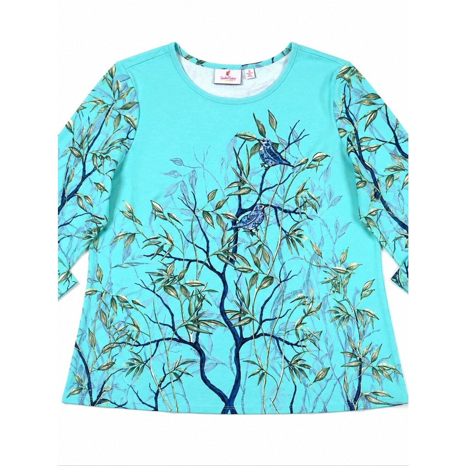 Quacker Factory Jean Bice Bird Print Cotton Tunic XL Aqua Botanical Nature Art
