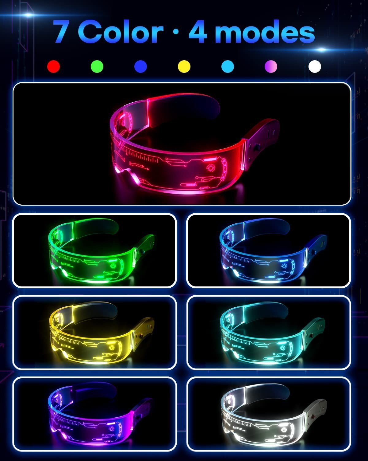 NIUCOO LED Visor Light Up Glasses – 7 Colors, 4 Modes – Futuristic Goggles