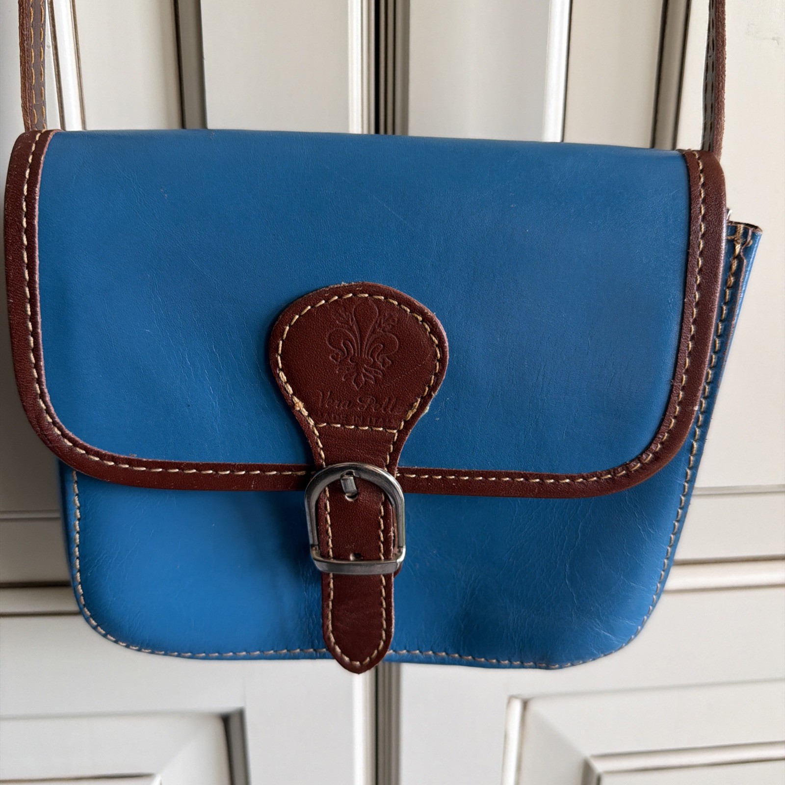 Vera Pelle Leather Crossbody Saddle Bag Genuine Italian Small Teal Blue/Brown