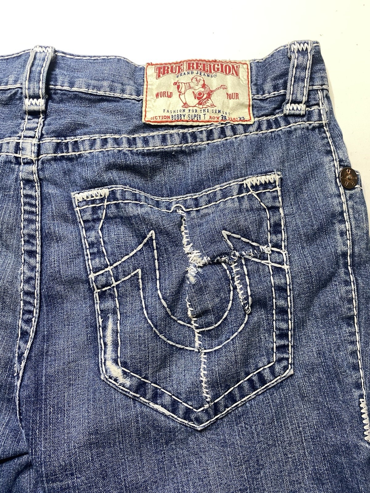 VTG True Religion Bobby Super T Jeans 38×26.5 Made in USA Thick White Stitch Y2K