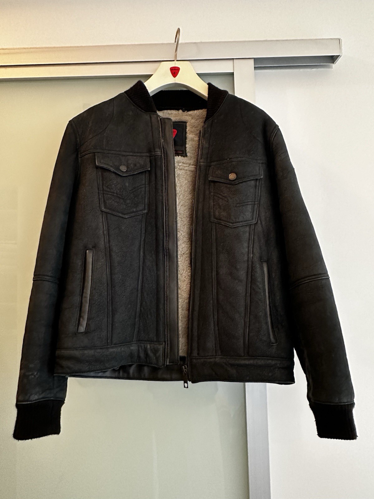 Strellson Premium Black Leather And Shearling Bomber Jacket, Size 52/L