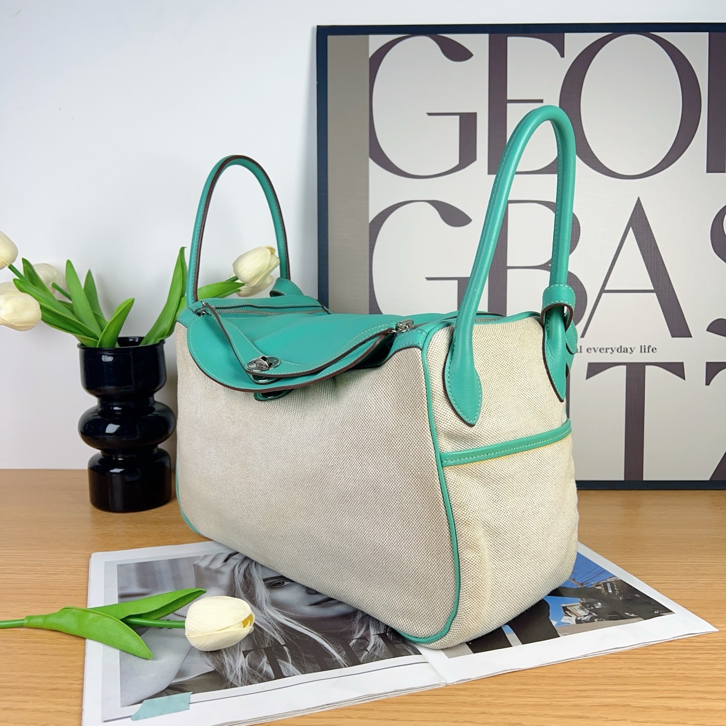 Hermès Lindy 34 | Canvas & Swift Leather, Peacock Green, Square L Stamp