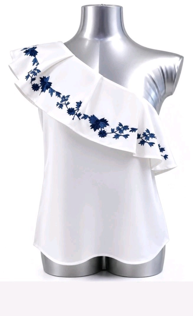 Chloe Oliver Anthropologie L Floral Embroidered One-Shoulder Ruffle Blouse