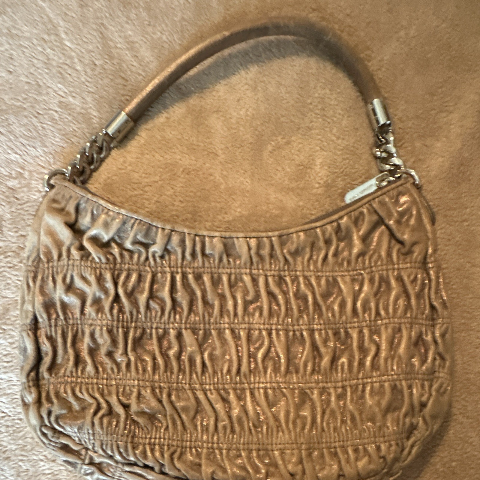 Michael Kors Beige Ruched Zip Shoulder Bag Crescent Tassel Chain Charm.