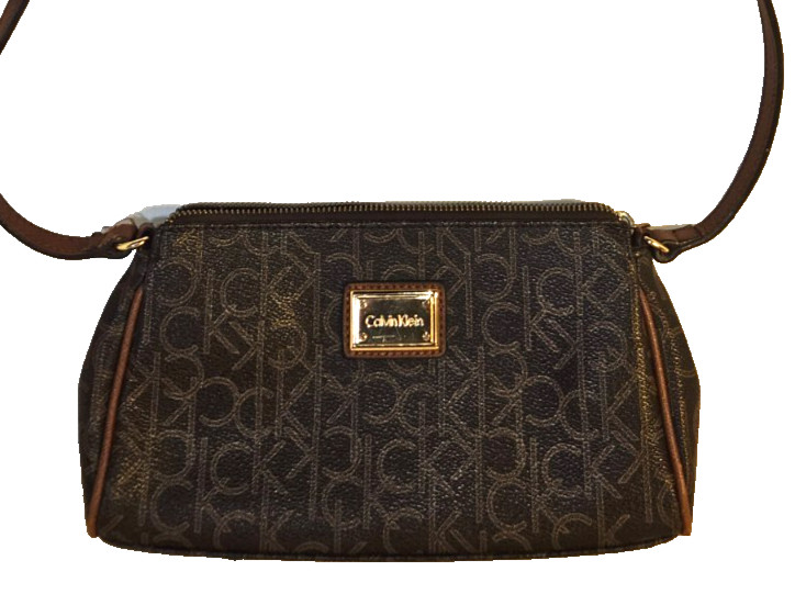 Calvin Klein CK Monogram Brown Crossbody Bag Adjustable Strap Gold Hardware