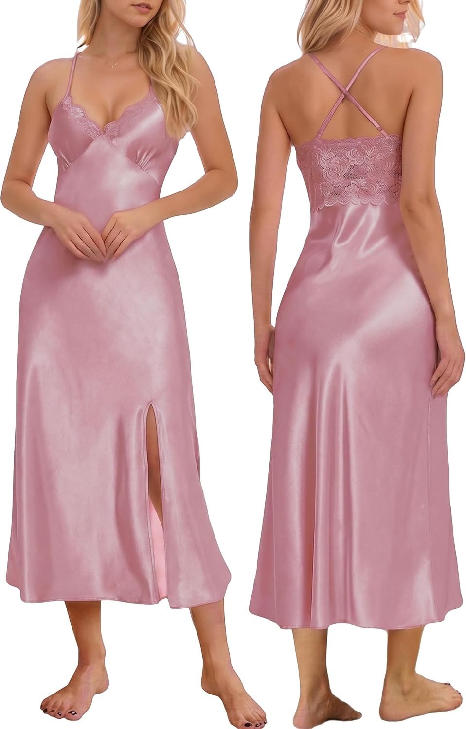 Women Silk Satin Nightgown Sexy Lace Chemise Lingerie Long Sleepdress for Ladies