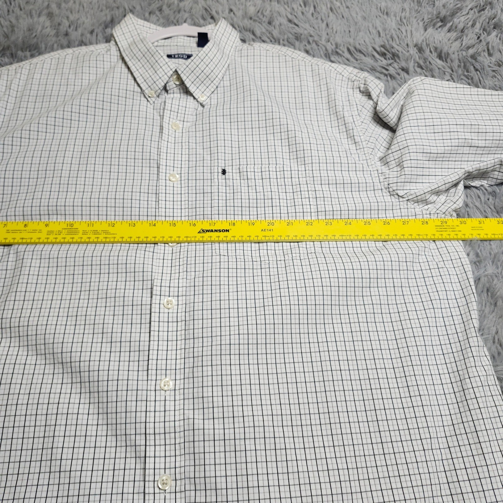 IZOD Button Down Shirt Mens 3XL White Black Gray Check Grid Cotton Long Sleeve
