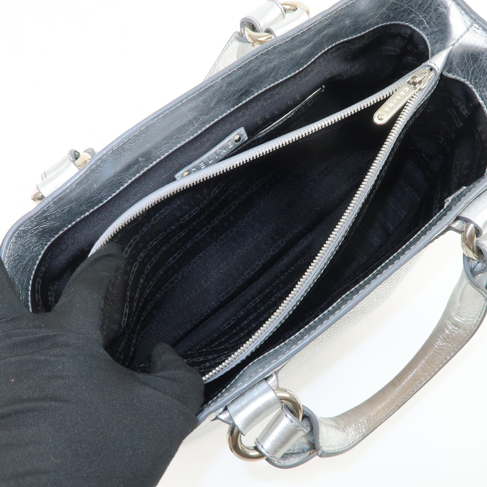 CELINE Leather Boogie Bag Hand Bag Tote Bag Silver Authentic Used F/S