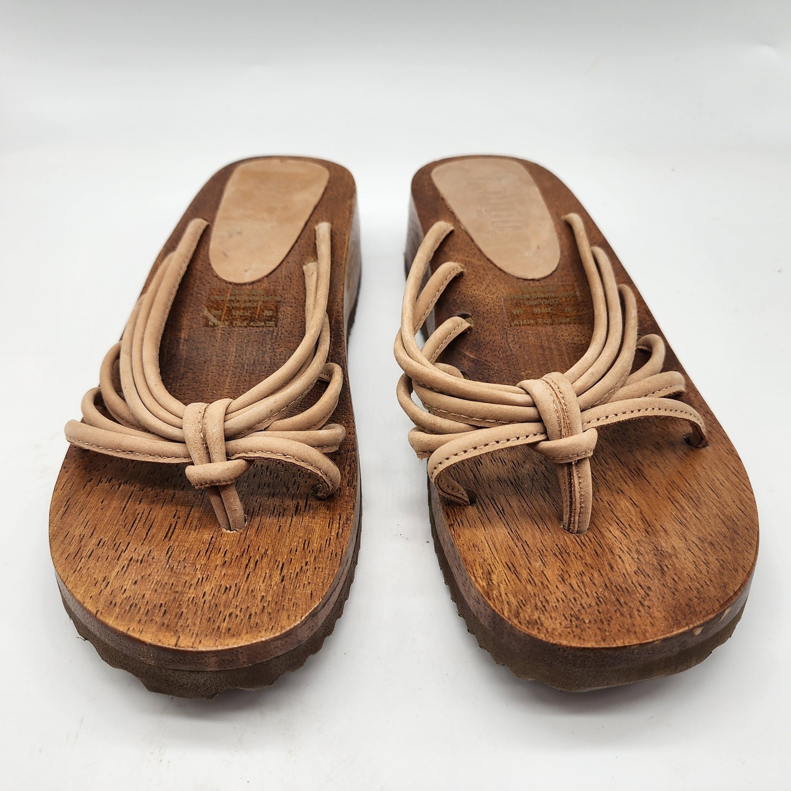 Bongo Vintage Y2K Wooden Platform Sandals Women’s 8M Tan Leather Strappy Wedge