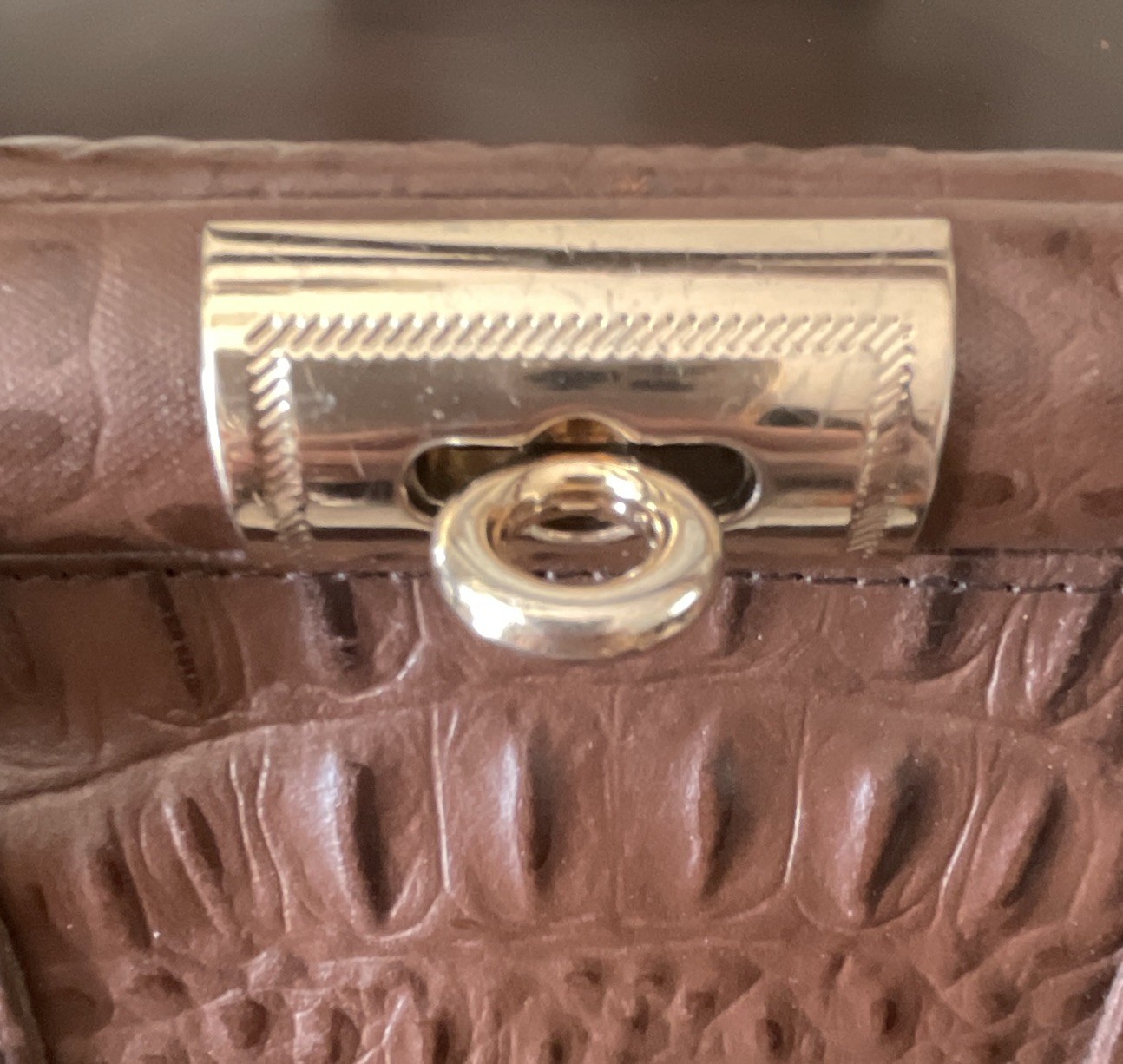 Brown Croc-Embossed Top Handle Satchel Bag w/Key Turn Lock Gold Hardware