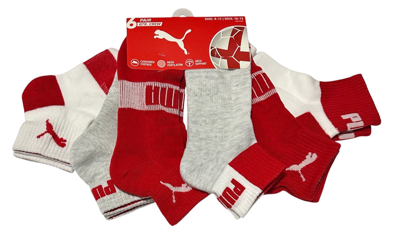 Puma Men’s Cushioned 6-Pair Quarter Crew Socks Large (8-12) England Proud