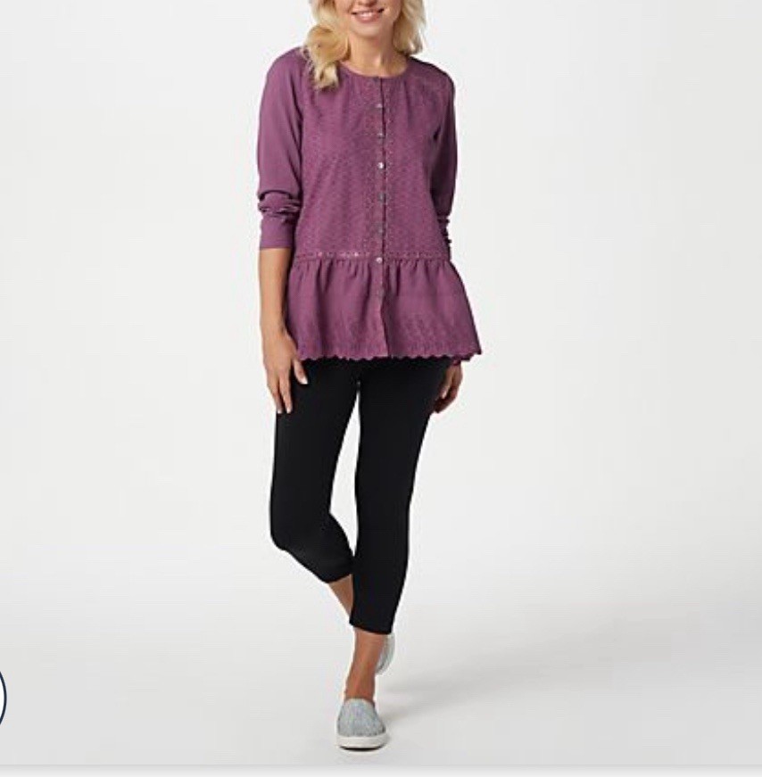 LOGO LAVISH Lori Goldstein Size XXS Cocoa Button Front Top w/ Knit Sleeves