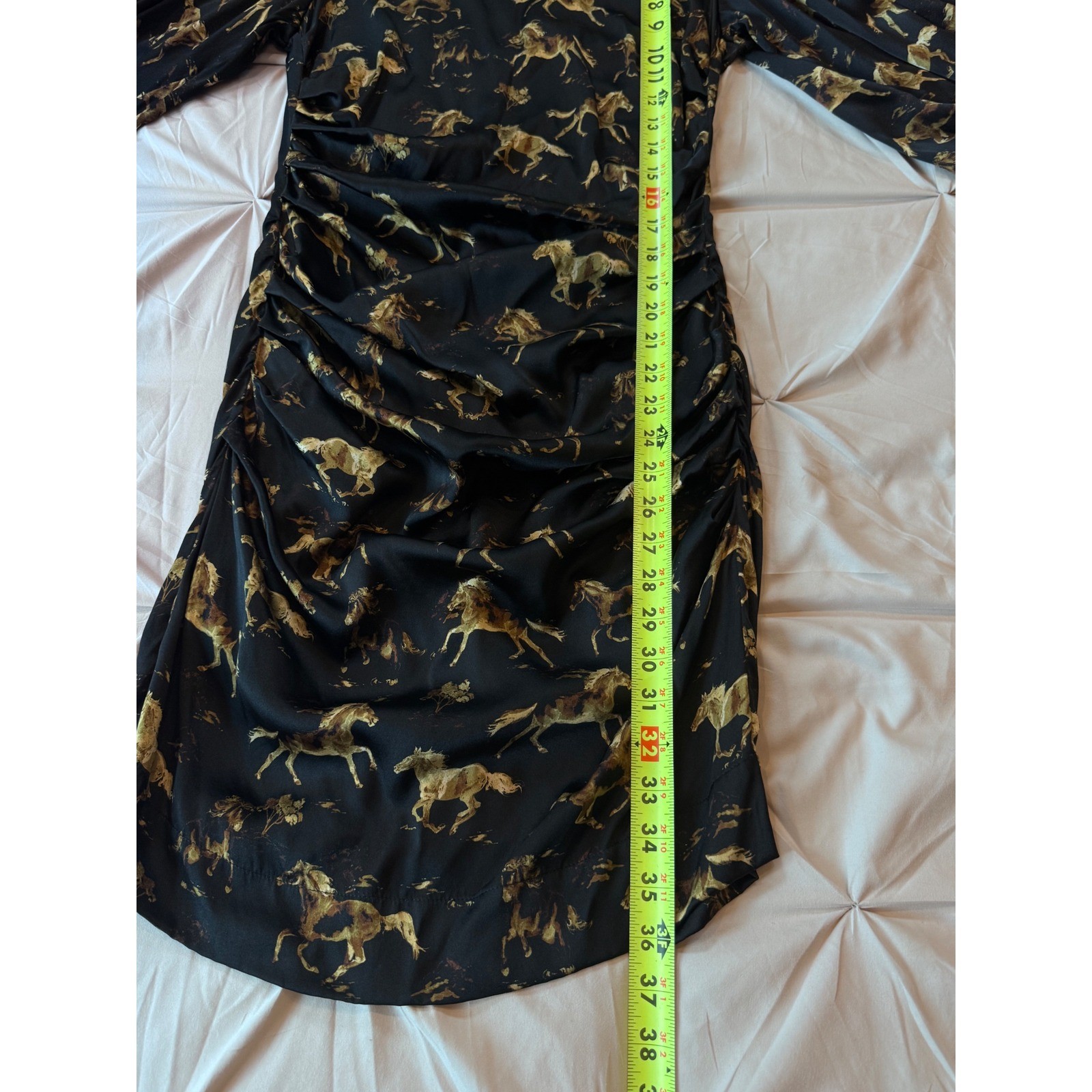 Ganni Horse Print Silk Stretch Ruched Mini Dress Black Gold Size 36 US 4 6131