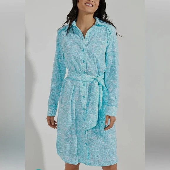 NWT Coolibar Women’s Kitts Shirt Dress Size XL UPF 50+ Sash Belt Aqua IKAT