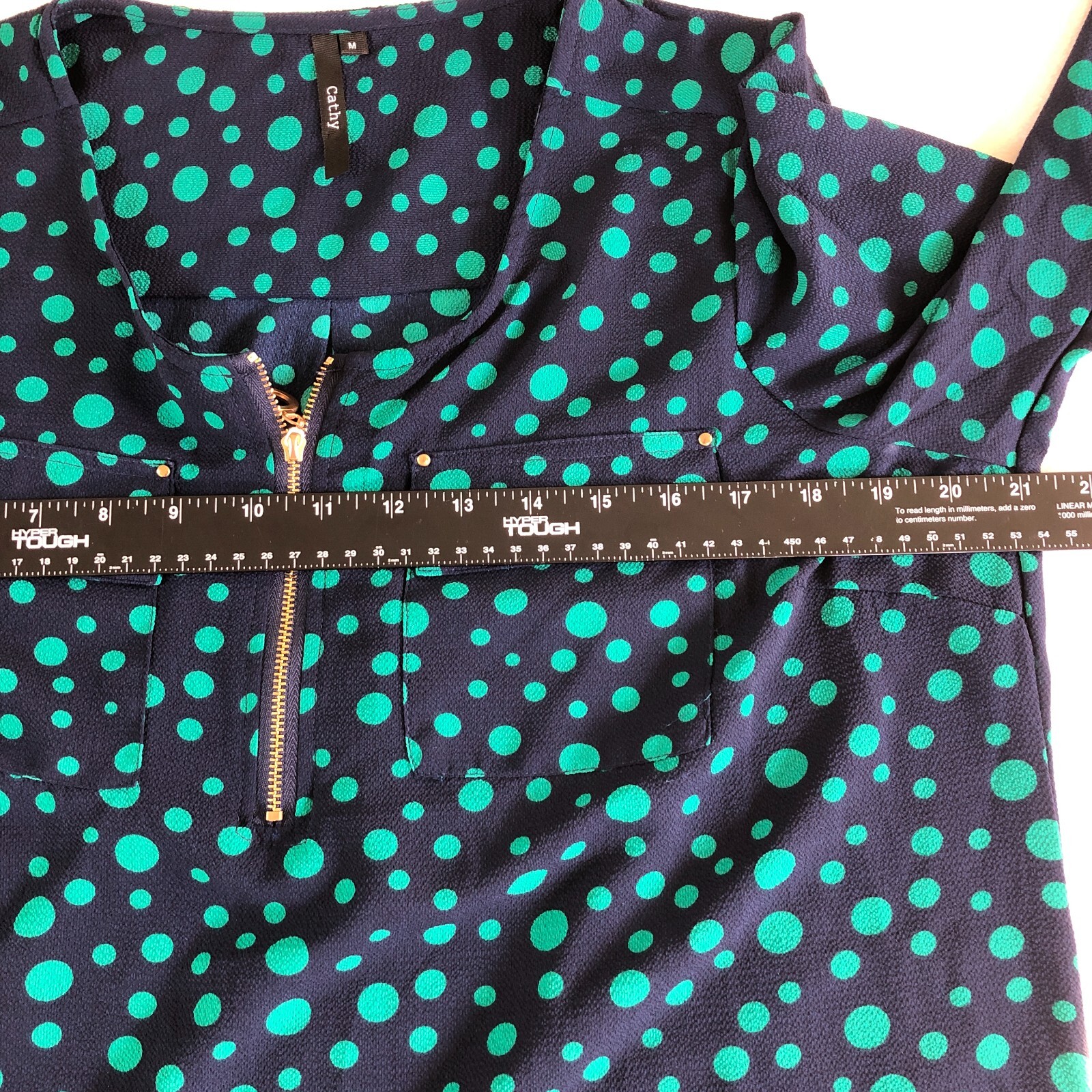 Cathy Womens Top Sz M Blue Polka Dot Front Zip 3/4 Sleeve Pockets Stretch NWOT