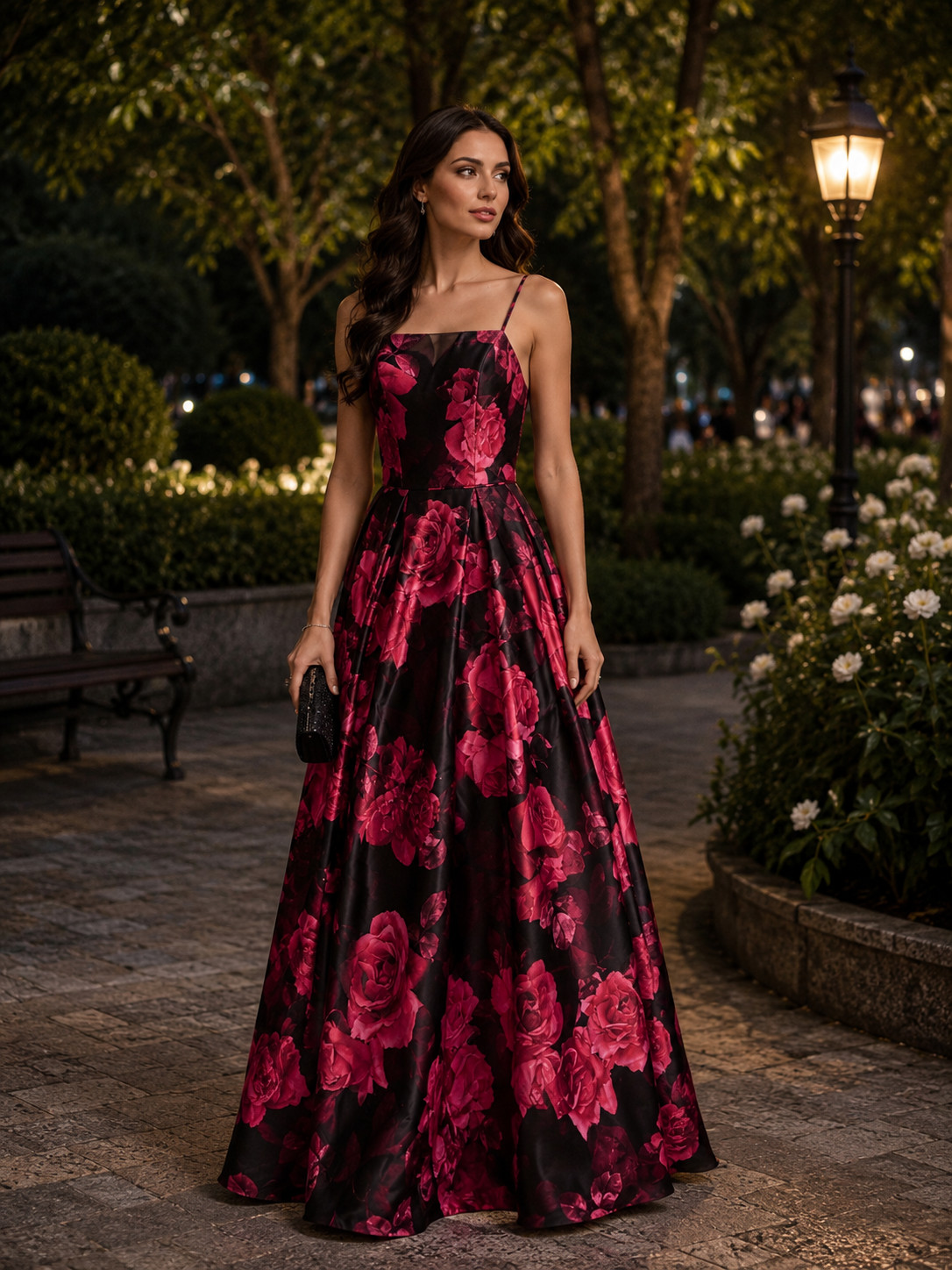 Womens Satin Black & Red Floral High Waist A-Line Gown Party Dress Size 6
