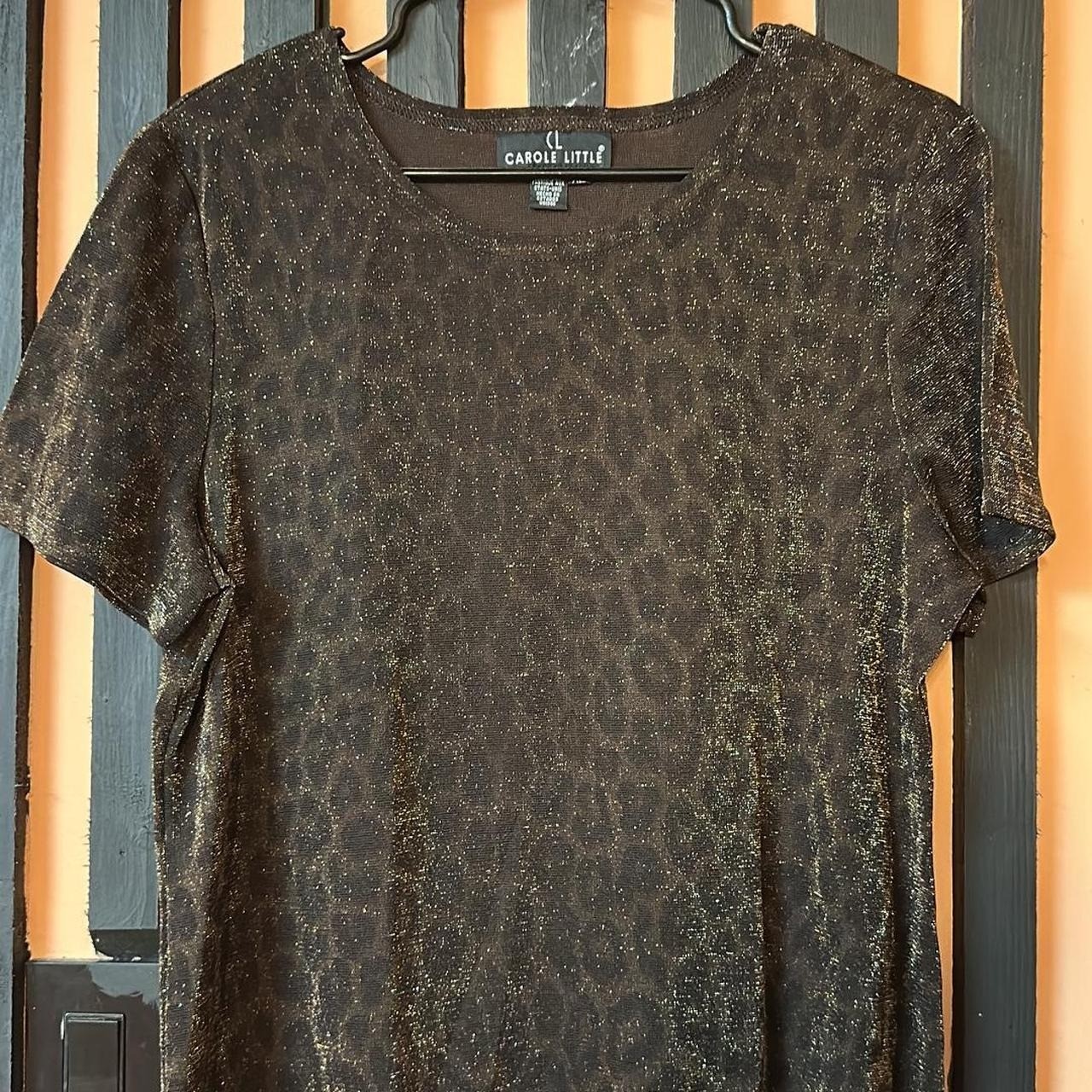 Carole Little Women XL Brown Metallic Leopard Print Knit Top Short Sleeve Blouse