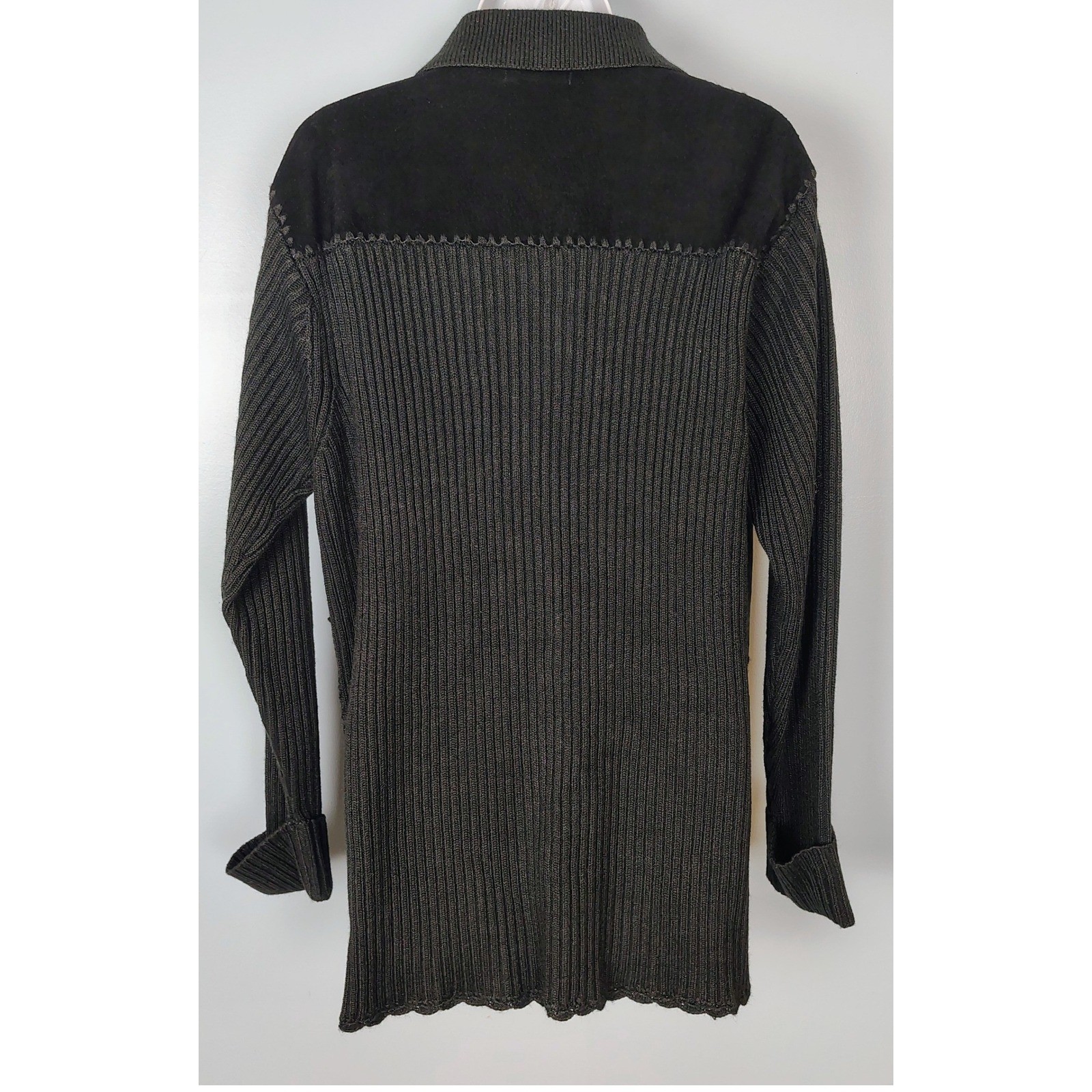 Ambra Womens Large Suede Patchwork Ribbed Knit Cardigan Sweater Black Grey Tan L