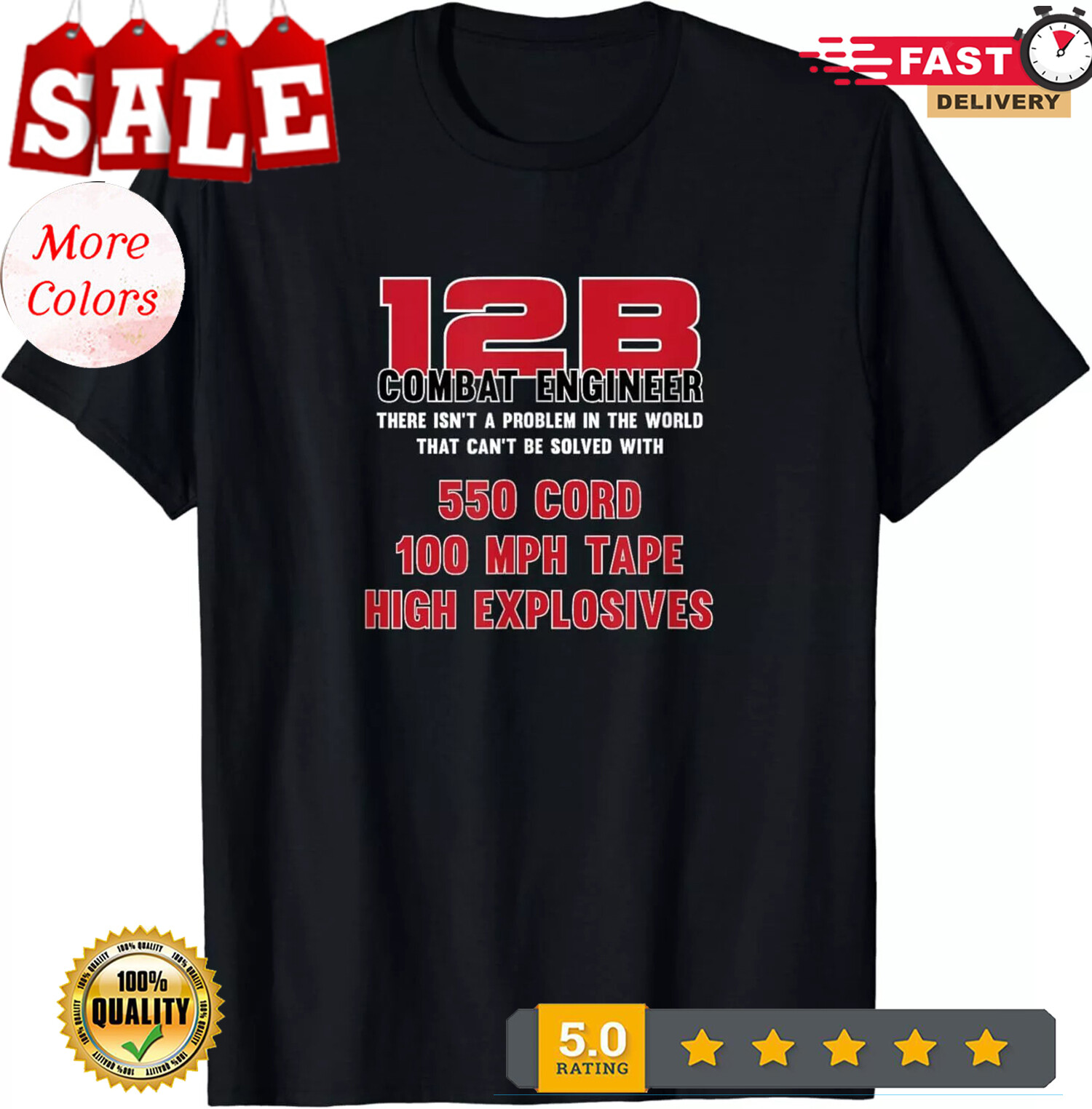 2025/NEW LIMITED 12B Combat Engineer Military Veteran Cool Design Best T-Shirt S