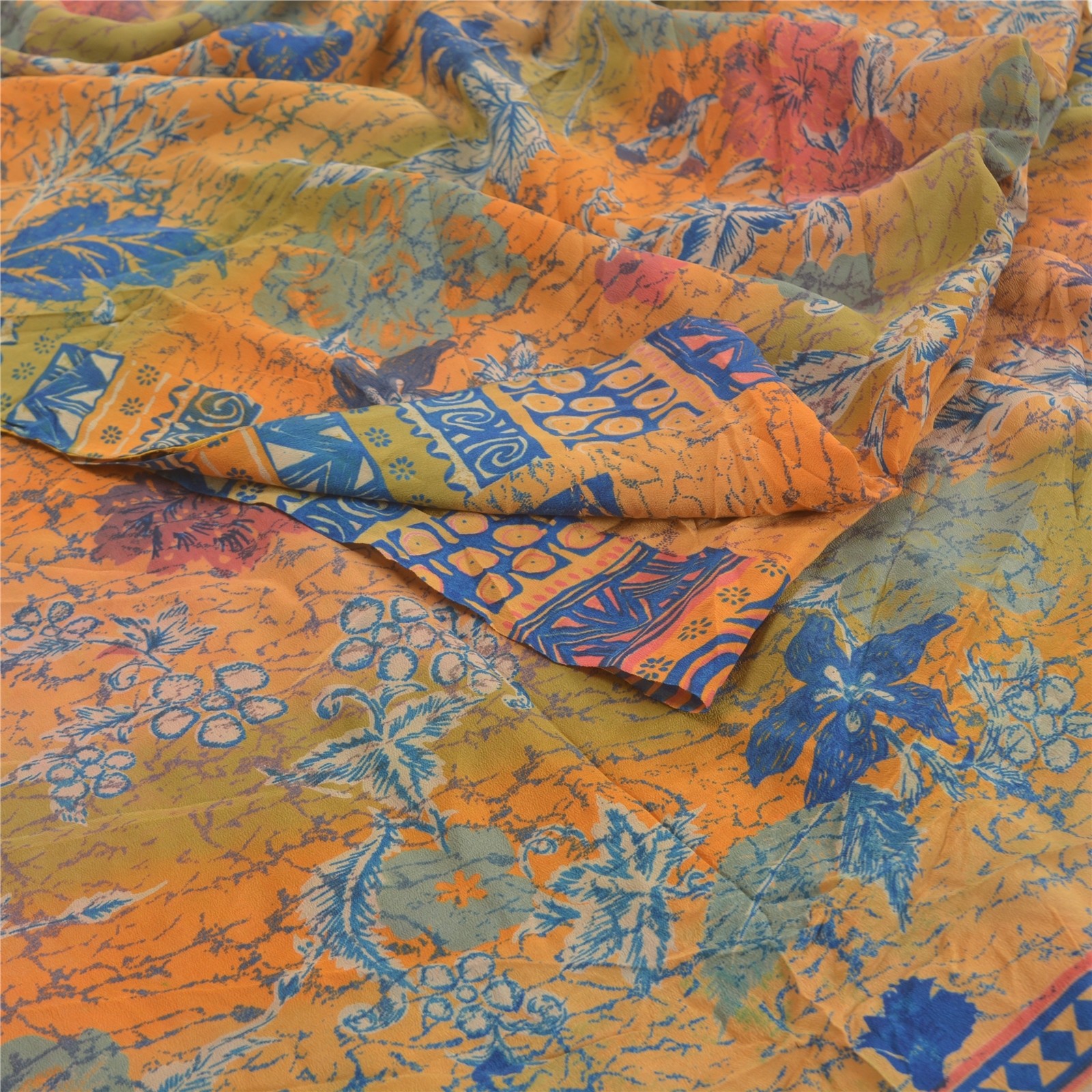 Sanskriti Vintage Saree Multicolor 100% Pure Crepe Floral Print 5+YD Sari Craft