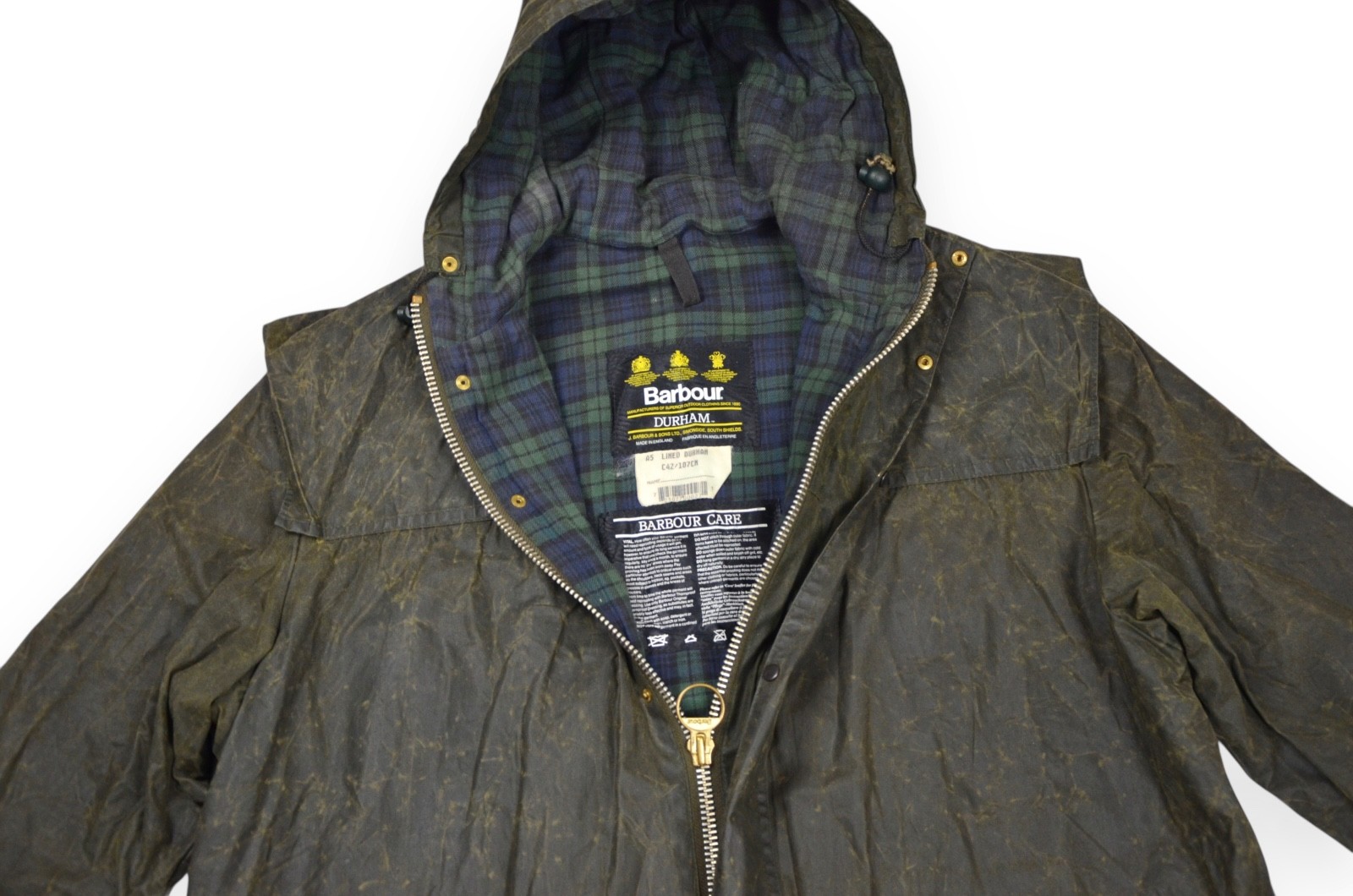 Barbour Lined Durham Jacket Men’s Wax Green A5 Hood England Size C42/107cm