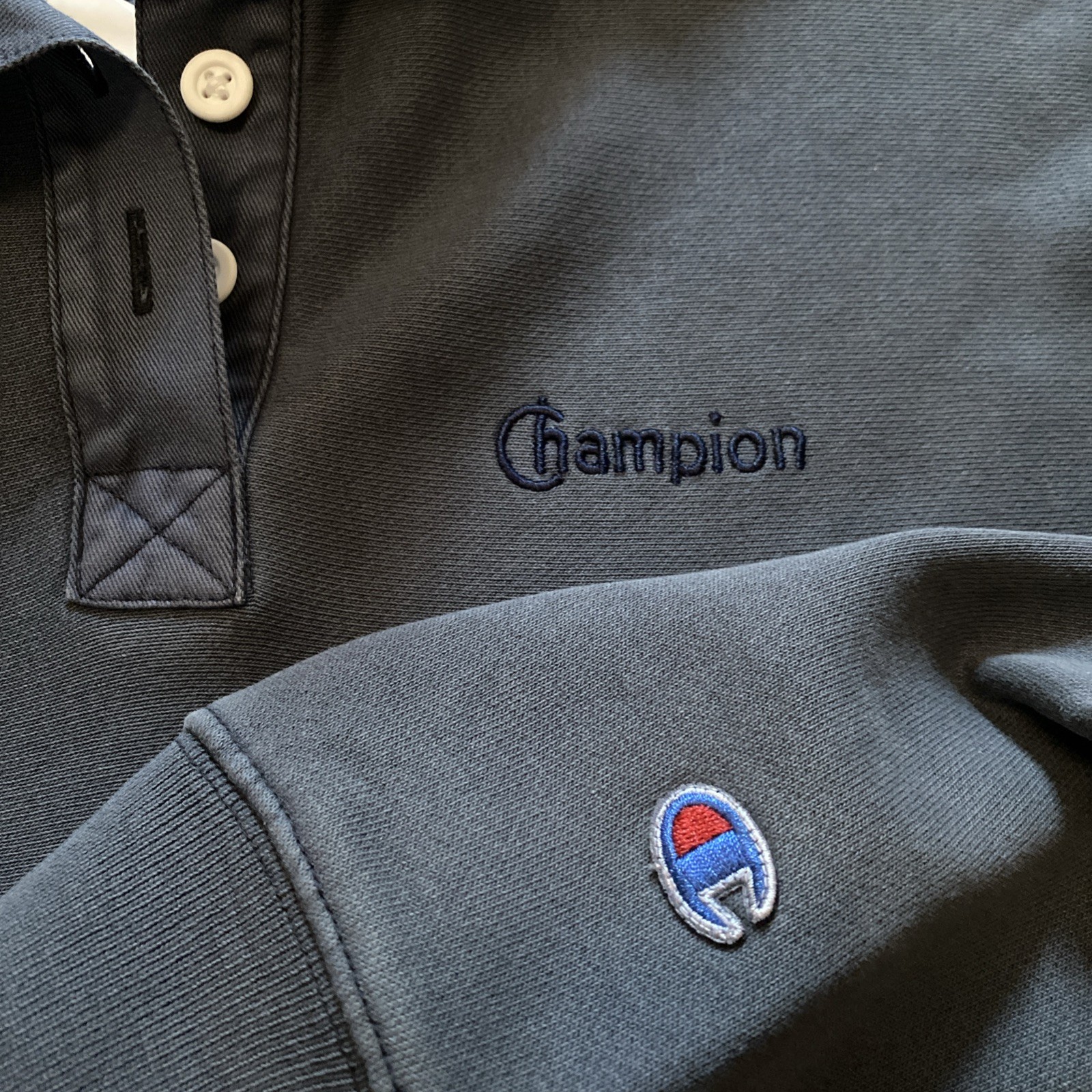 CHAMPION Blue Collared Crop Top Polo Shirt Long Sleeve Preppy Oversized size XS