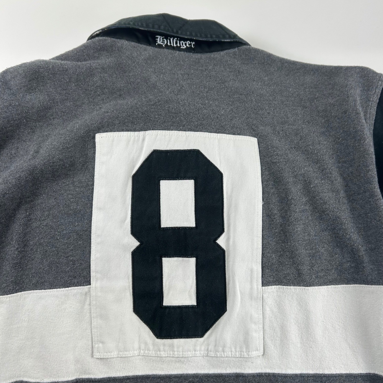 Tommy Hilfiger Mens L Long Sleeve Rugby Shirt Grey Black Colorblock 8 Patch