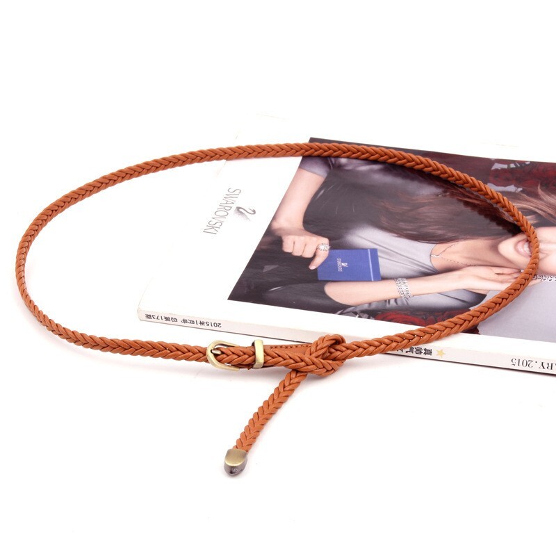 Handwoven PU Leather Belt, 0.8cm Slim Waist Chain Alloy Buckle for Women
