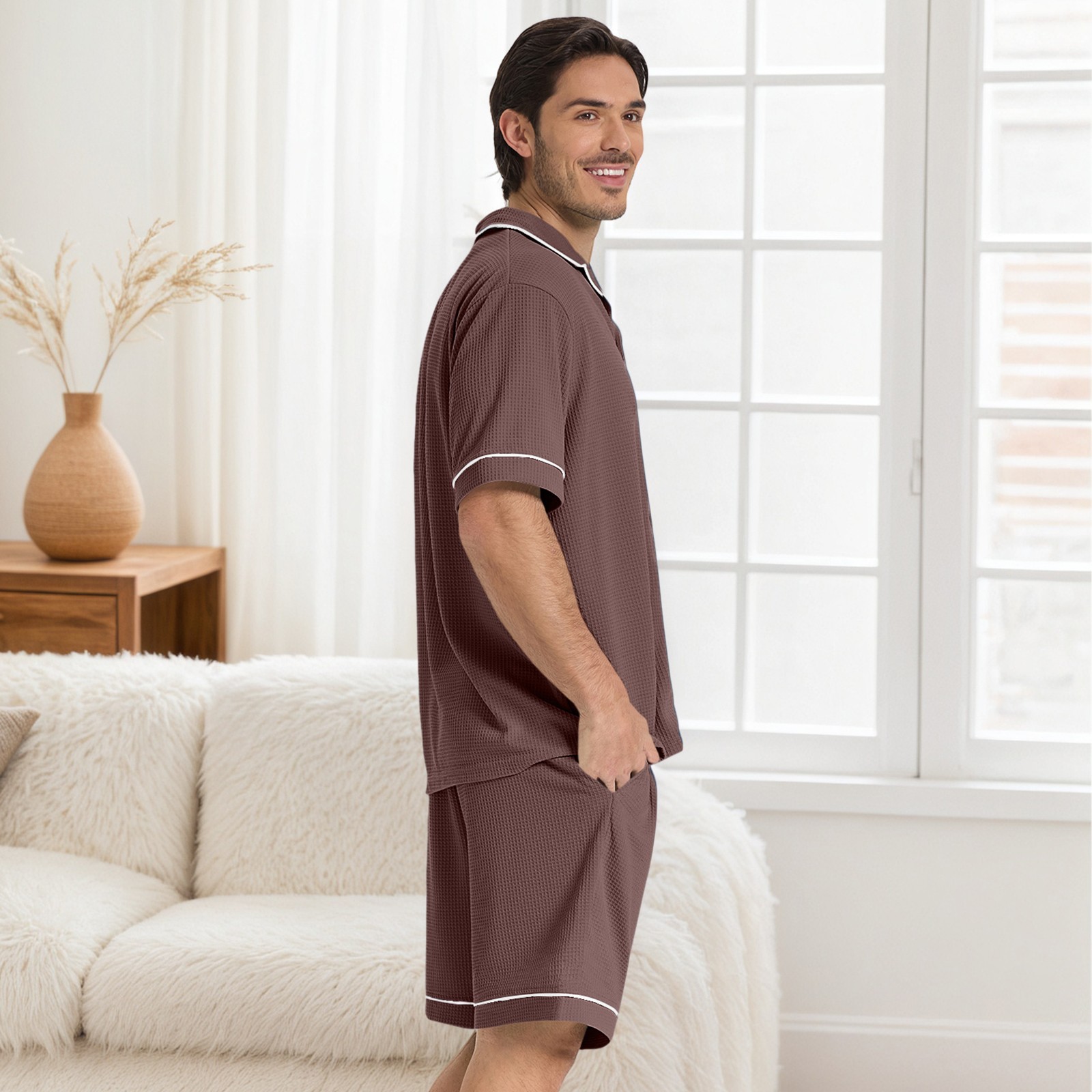 SIORO Men Waffle Knit Pajamas Set Short Sleeve Sleepwear Button Down Loungewear