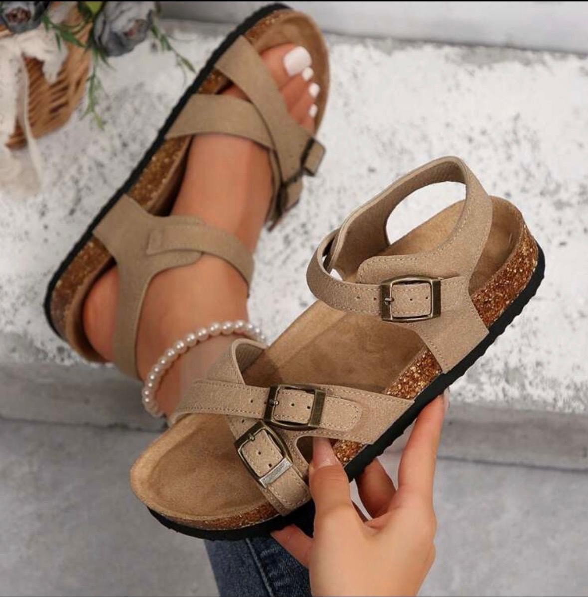 Women’s Comfort Cork Footbed sandals Beige Adjustable Buckle Ankle Strap Casual