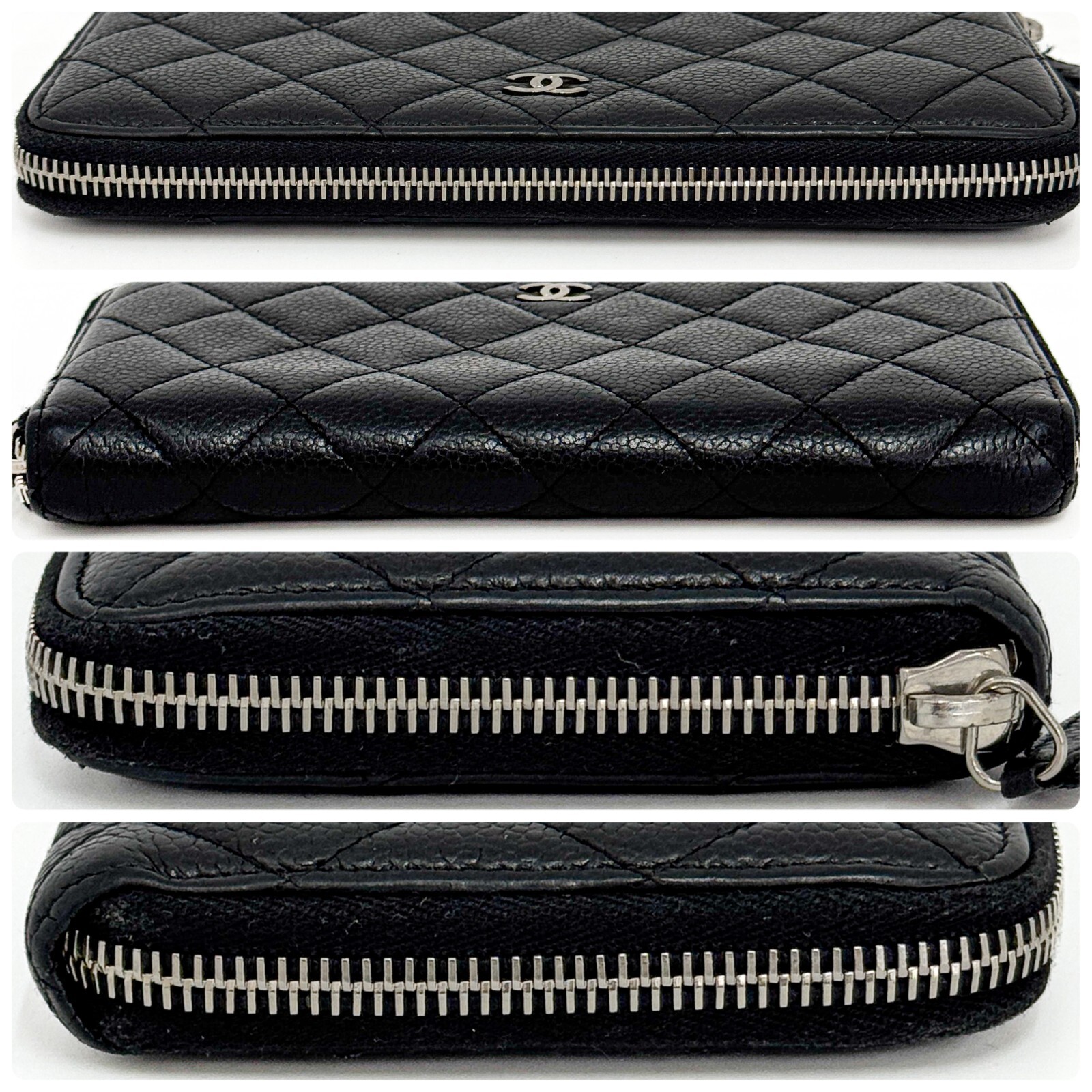 CHANEL Matelasse Caviar Skin Round Zippy Long Wallet Purse leather Black Auth