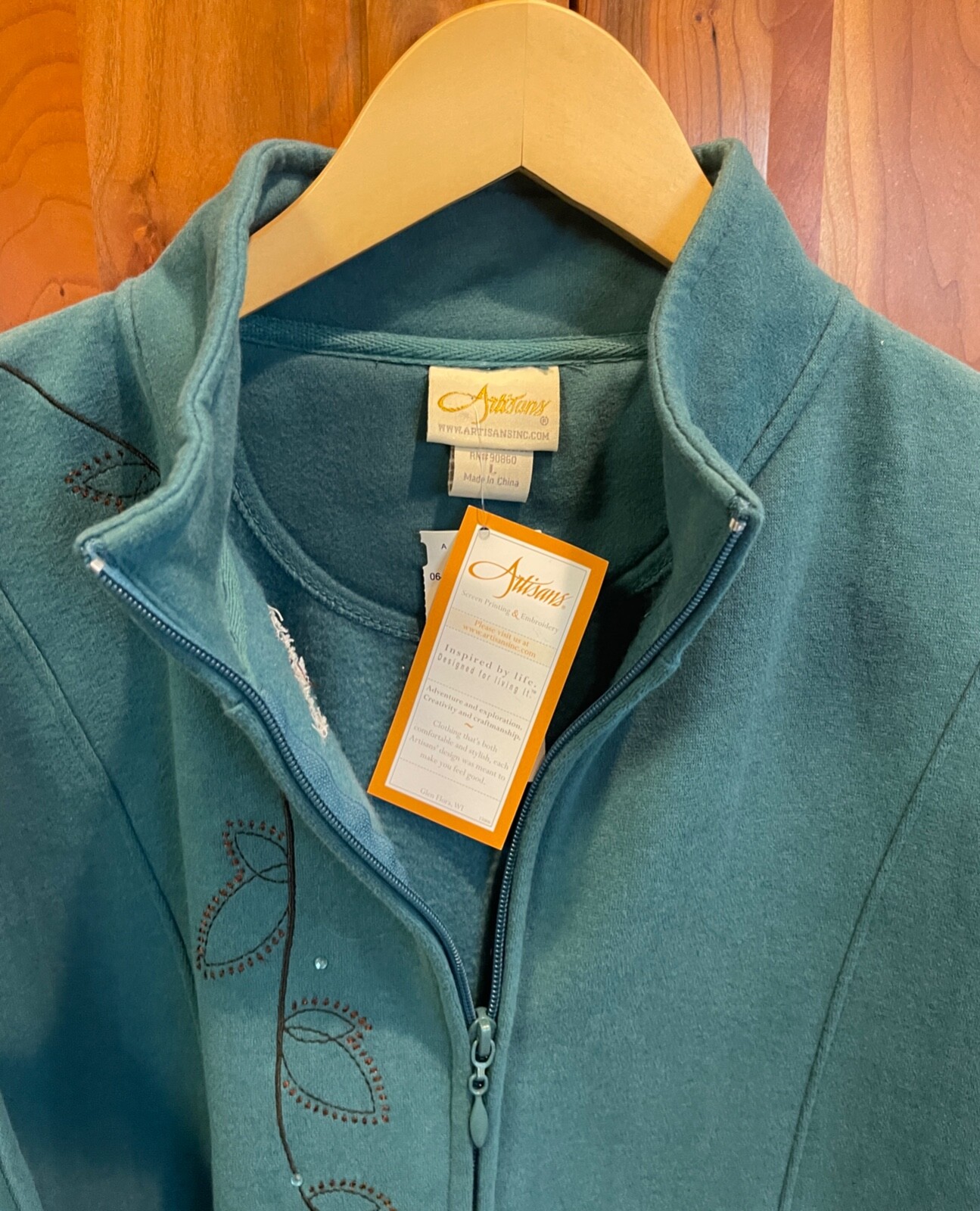 NWT Artisians Dragonfly Embroidered Rhinestones Teal Zip Fleece Jacket Women’s L