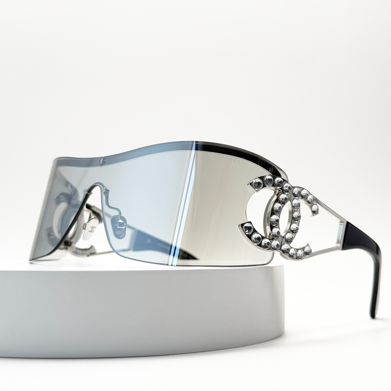 CHANEL CH9579B Shield Sunglasses Silver Rimless Frame Grey Lens CC Crystal Logo