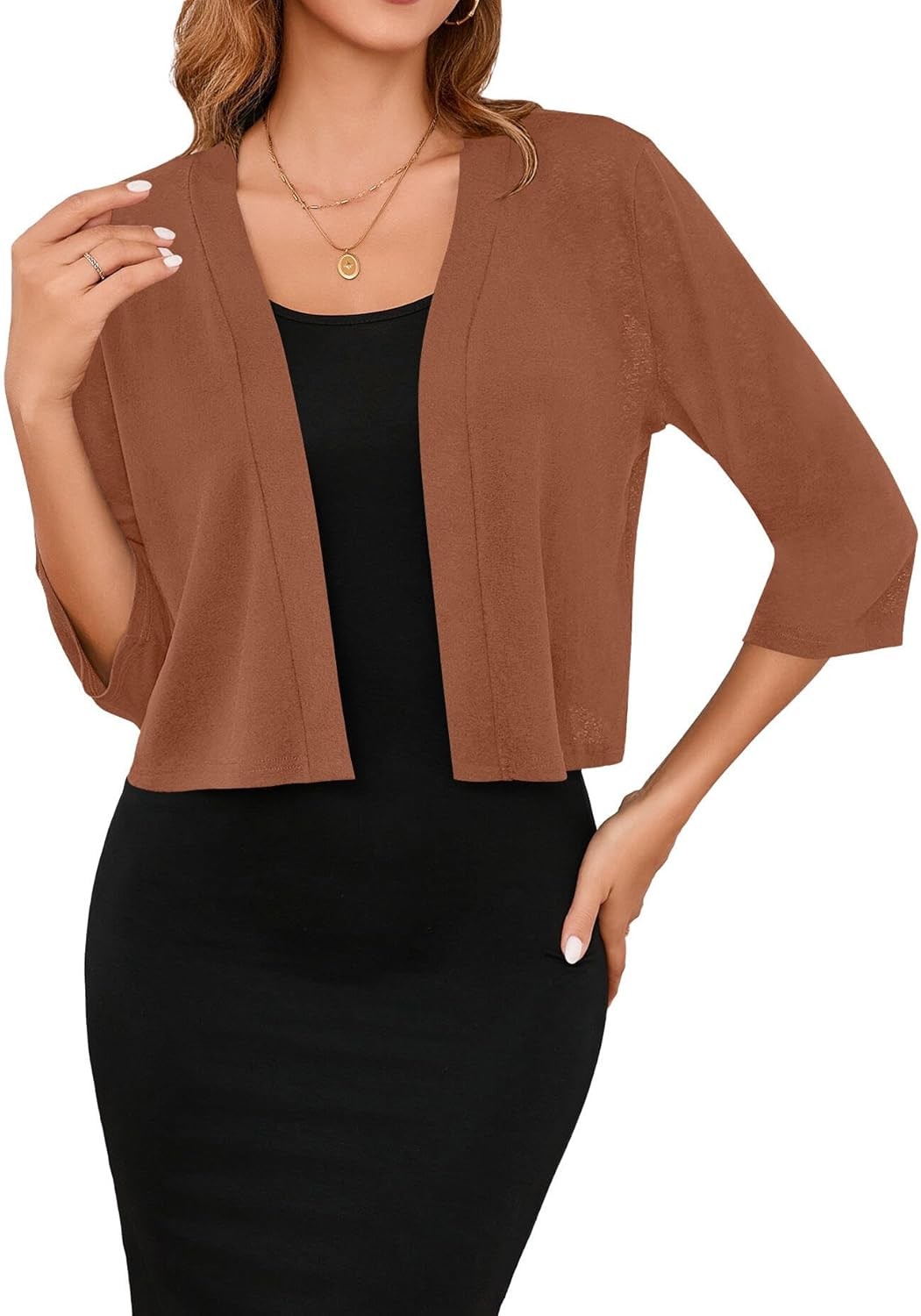 Women’s 3/4 Sleeve Lightweight Cropped Cardigan Open Front Shrug for Dresses