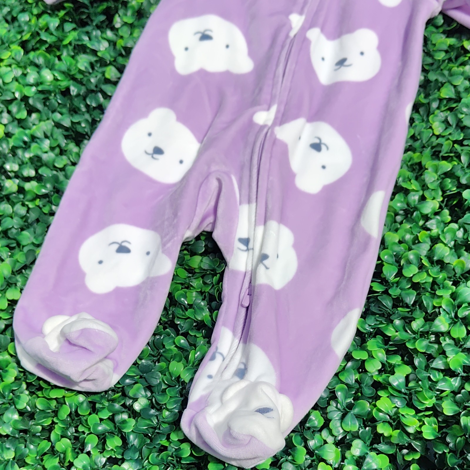 Purple White Fleece Footed Zip Sleeper Bear Print One-Piece 0-3M