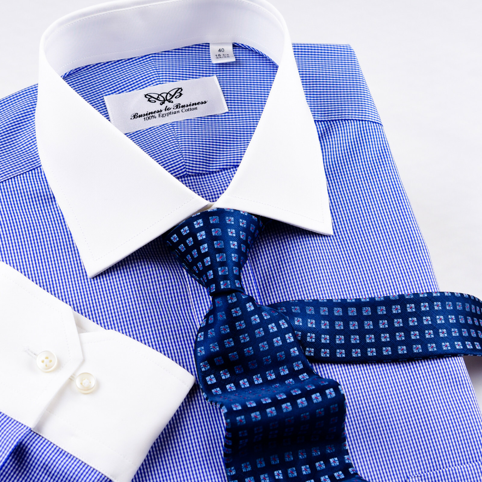 Mens Blue Gingham Contrast Double Ply 80’s Fine Wevon Formal Business Shirts