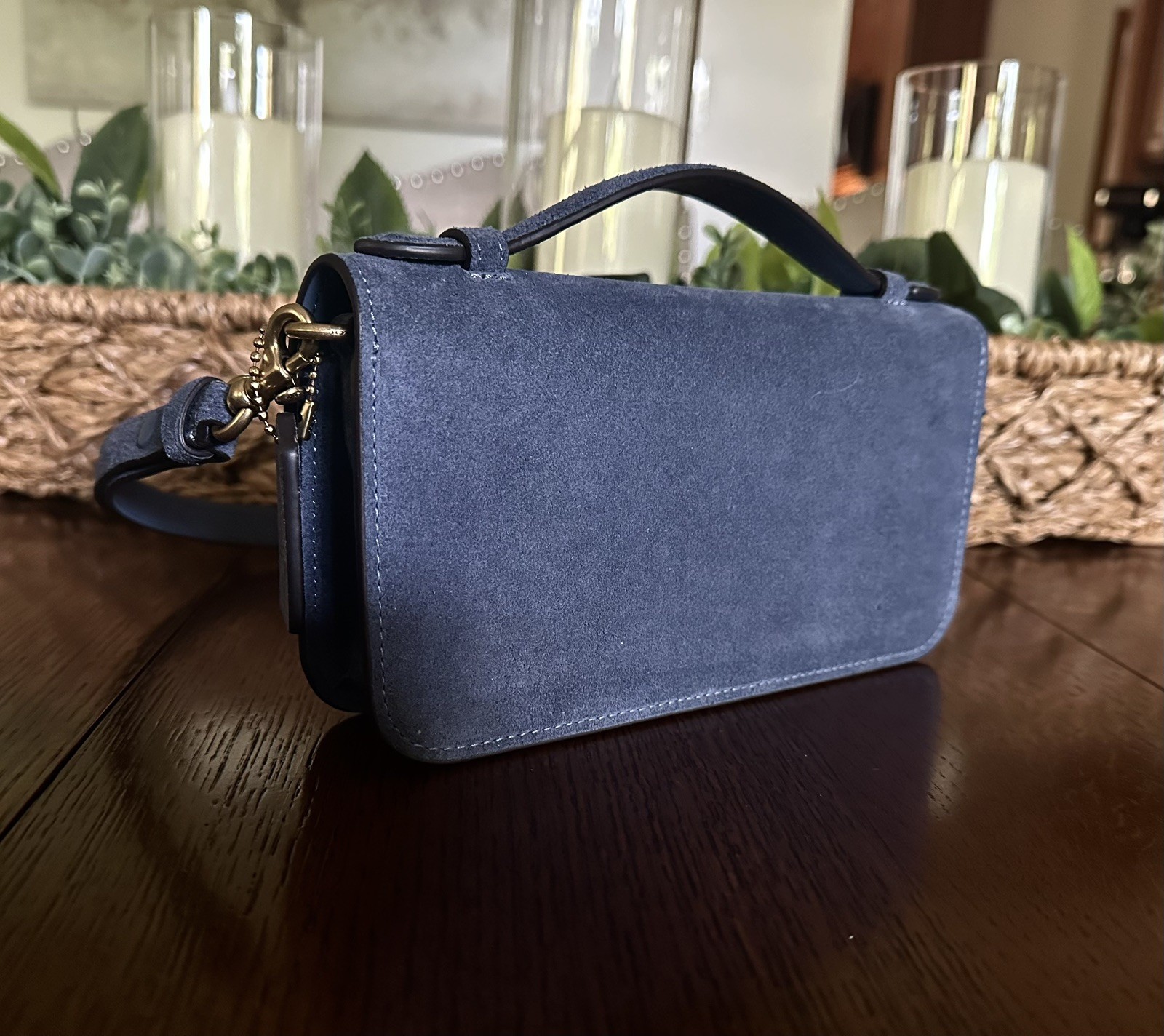 NIB Coach Elora Top Handle Crossbody Bag – Premium Suede Light Denim Color CDD59
