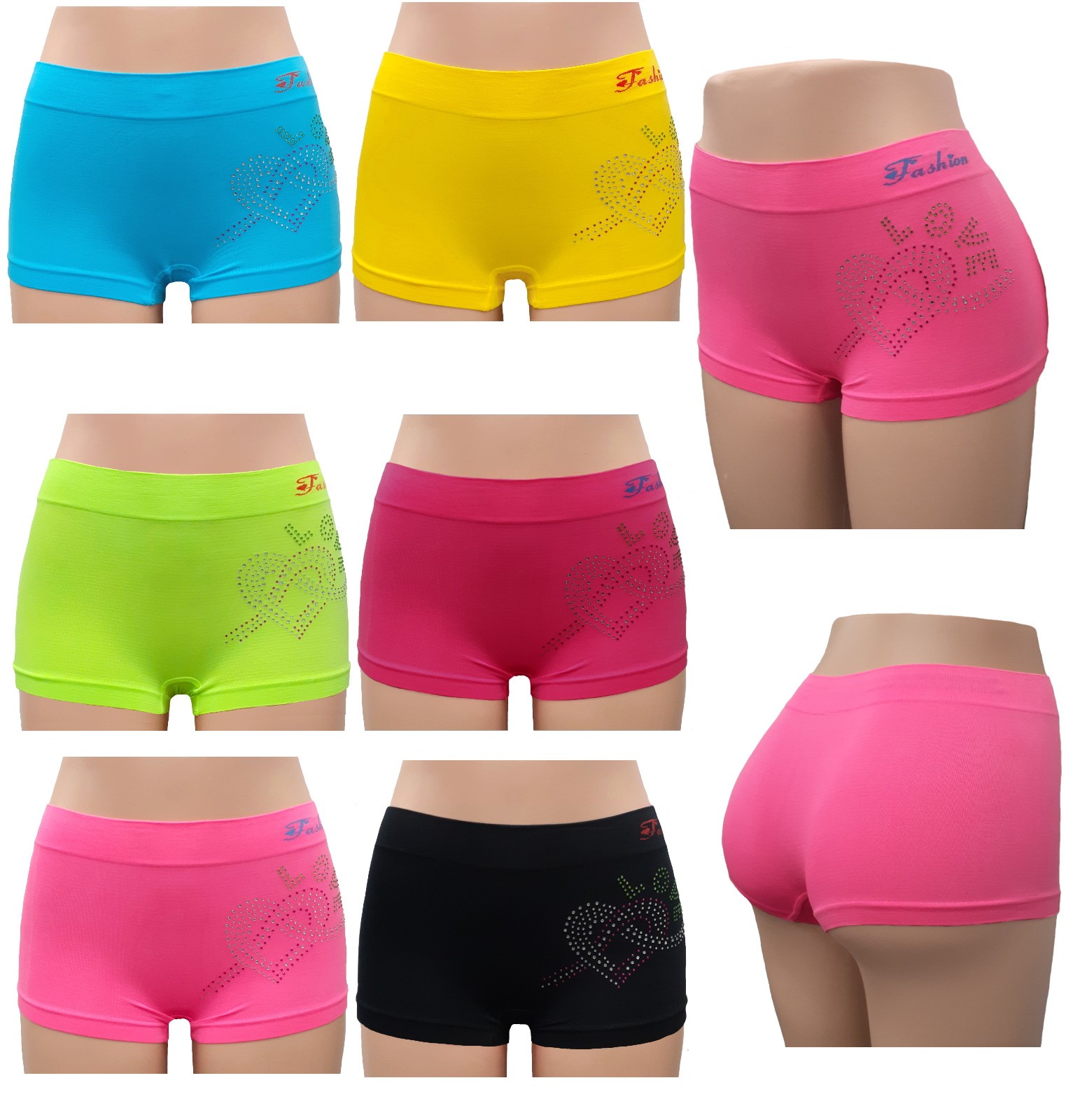 6 pk boyshorts Panties SEAMLESS Boxer Shorts rhinestone undewear Bright Colors