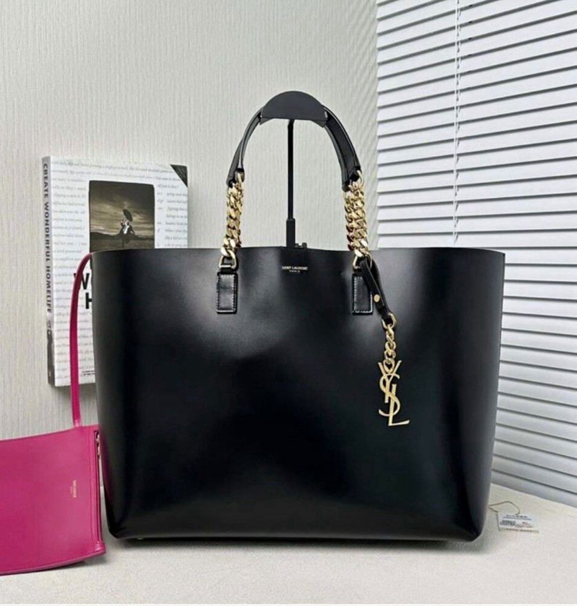 Saint Laurent Large Black Tote Gold Chain Logo Accents Pink Lining Pouch