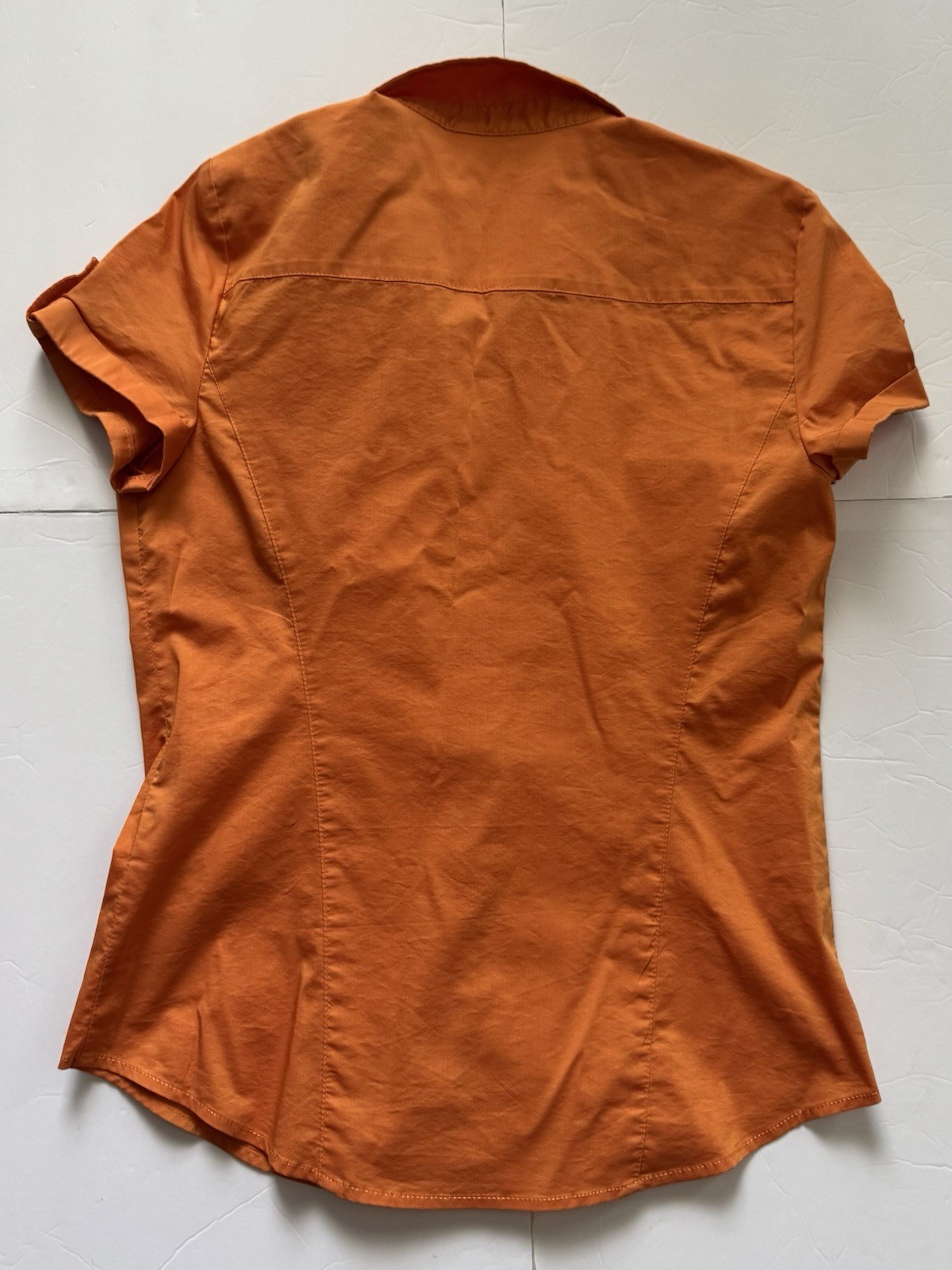 7th Avenue NYC S Orange Button Front Blouse Top Stretch Work Shirt Short Sleev