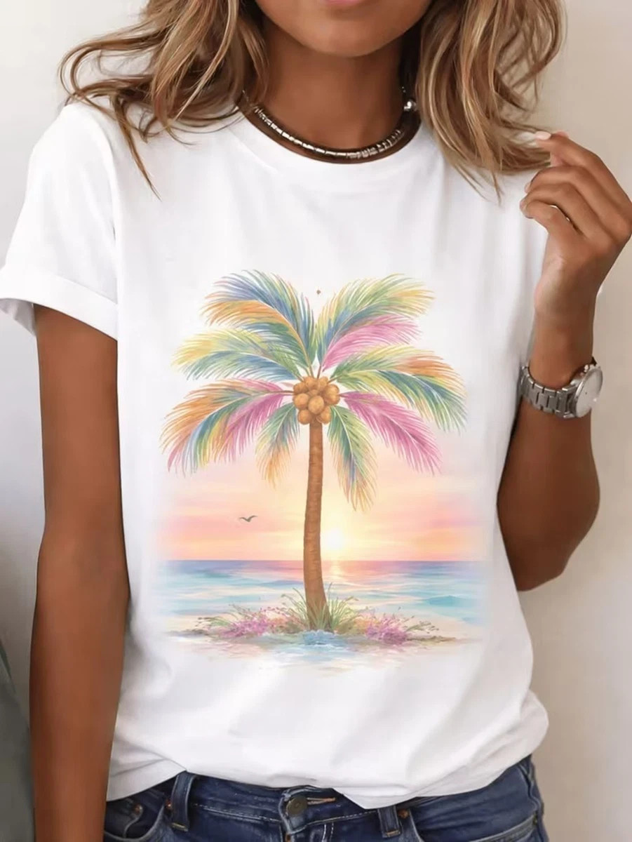 Women’s Boho Sunset Wave Graphic T-Shirt Short Sleeve Crew Neck Casual Beach Top