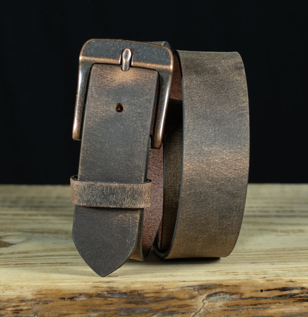 Mens Full Grain Leather Belt, 1.5 Inches Wide, Crazy Horse Finish, Made in USA