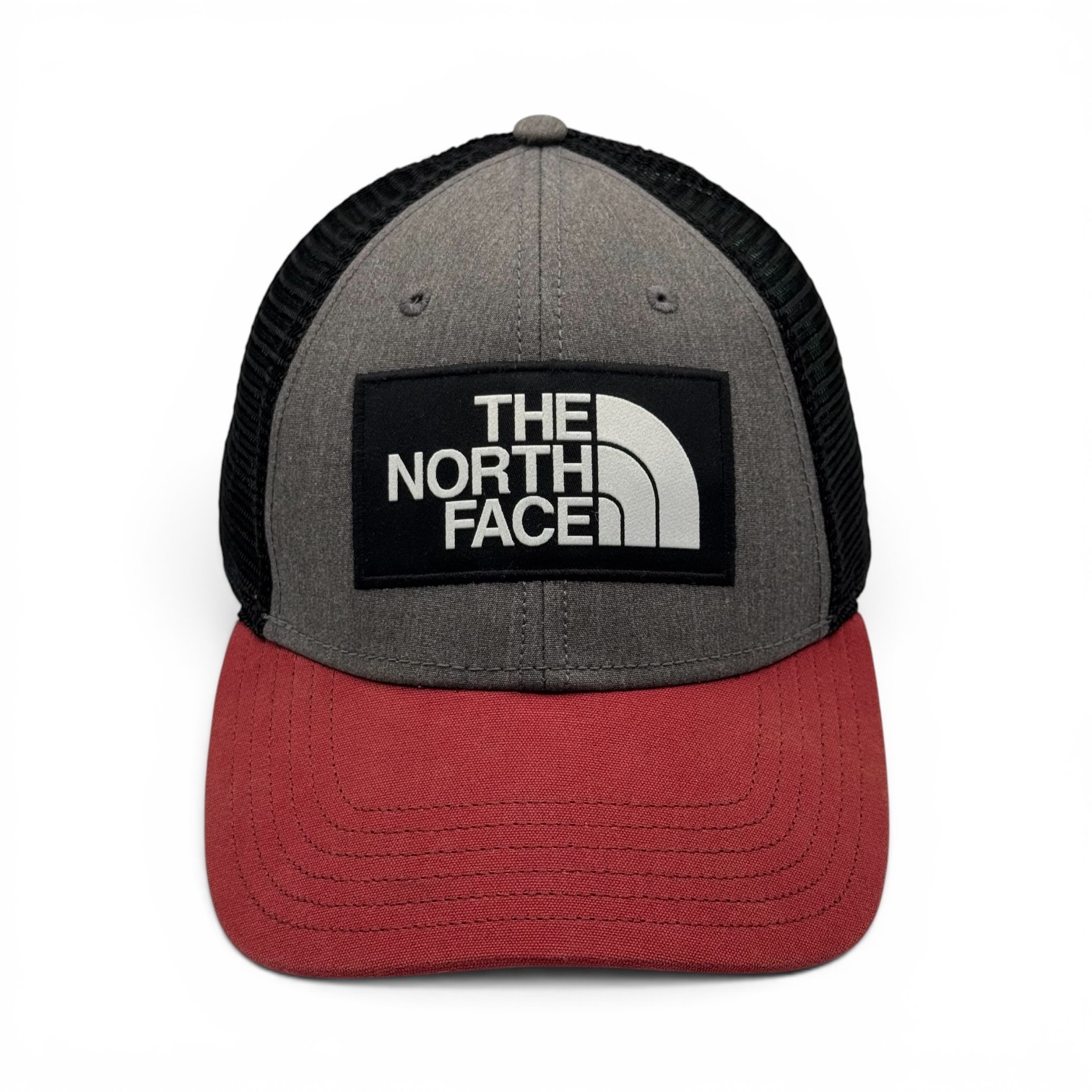 The North Face Embroidered Patch Trucker Snapback Hat Red Grey Black Adjustable
